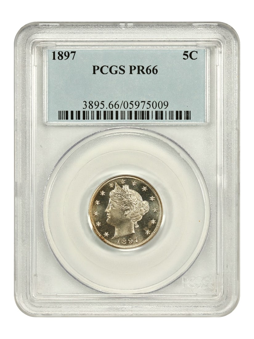 Proof 1897 Liberty Nickel PCGS PR66 Philadelphia 5C Coin: Proof 1897 Liberty Nickel PCGS PR66 Philadelphia 5C Coin This is an 1897 Liberty Nickel 5-cent coin, certified by PCGS with a grade of PR66. This proof coin was struck at the Philadelphia Mint and is