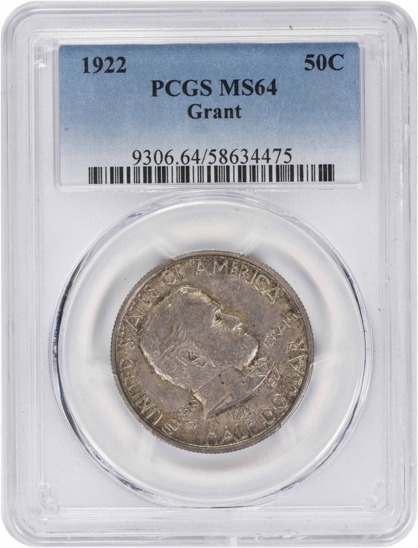 1922 Silver Half Dollar Grant Commemorative MS64 PCGS Certified: 1922 Silver Half Dollar Grant Commemorative MS64 PCGS Certified This is a 1922 Grant Commemorative Half Dollar graded MS64 by PCGS. The coin is composed of silver and was issued without a mint mark in