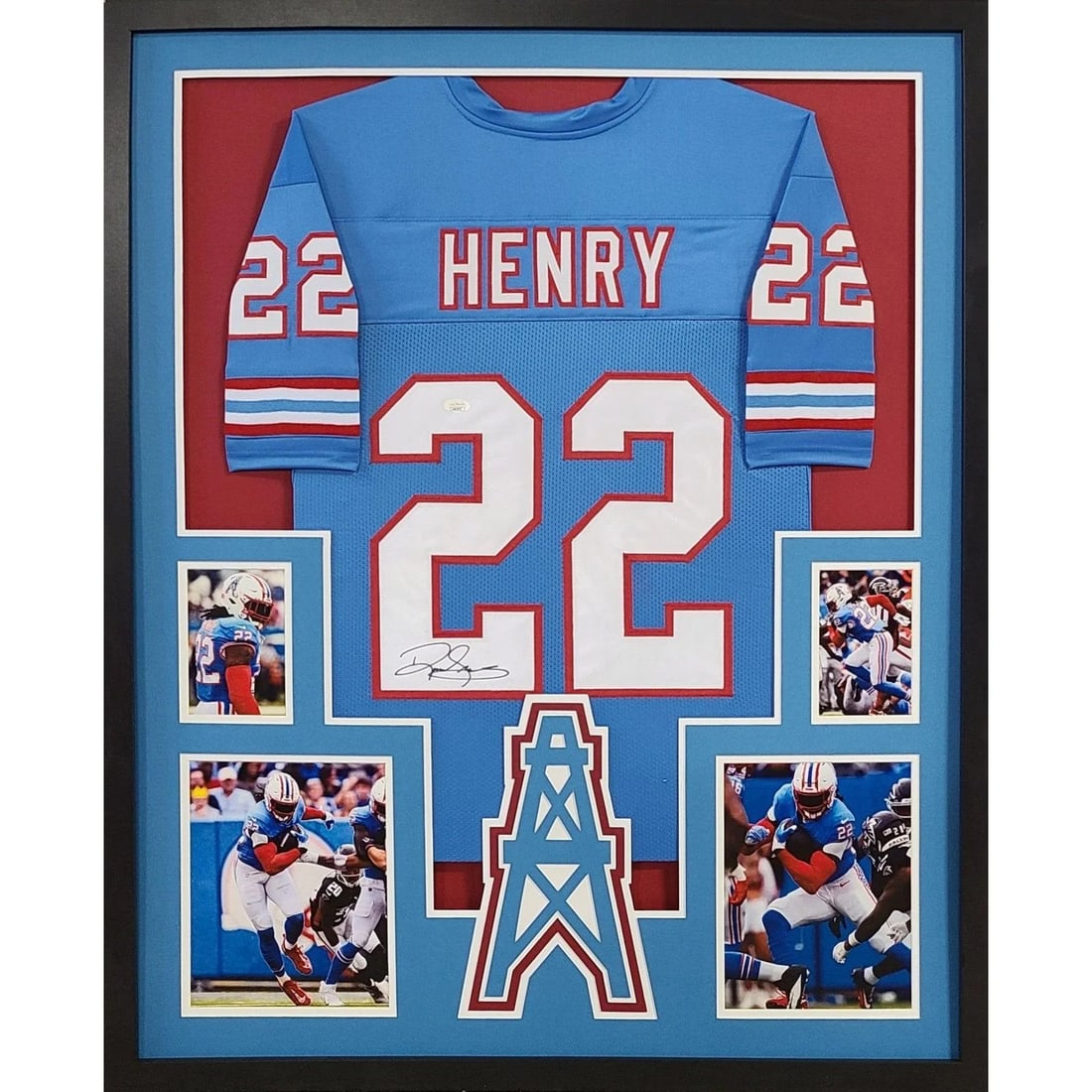 Framed Derrick Henry Autographed Tennessee Titans Jersey with JSA Authentication: Framed Derrick Henry Autographed Tennessee Titans Jersey with JSA Authentication This is a pre-owned, framed jersey autographed by Derrick Henry. The jersey has been authenticated by JSA and includes