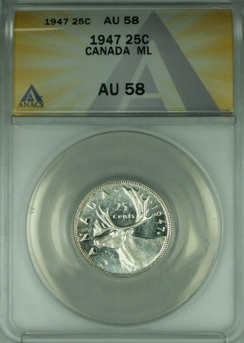 Canada 1947 Silver 25 Cent Maple Leaf Quarter ANACS AU-58 Certified: Canada 1947 Silver 25 Cent Maple Leaf Quarter ANACS AU-58 Certified This 1947 Canada 25 cents silver coin features King George VI and includes the distinctive maple leaf. Certified by ANACS with a gra