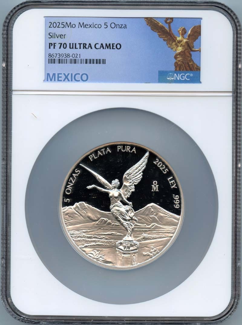 NGC PR70 2025 Mexico Libertad 5 Onza Silver Coin: NGC PR70 2025 Mexico Libertad 5 Onza Silver Coin This 2025 Mexico Libertad 5 Onza silver coin is certified by NGC with a PR70 Ultra Cameo grade. The coin is un-used and pre-owned, showcasing a flawles