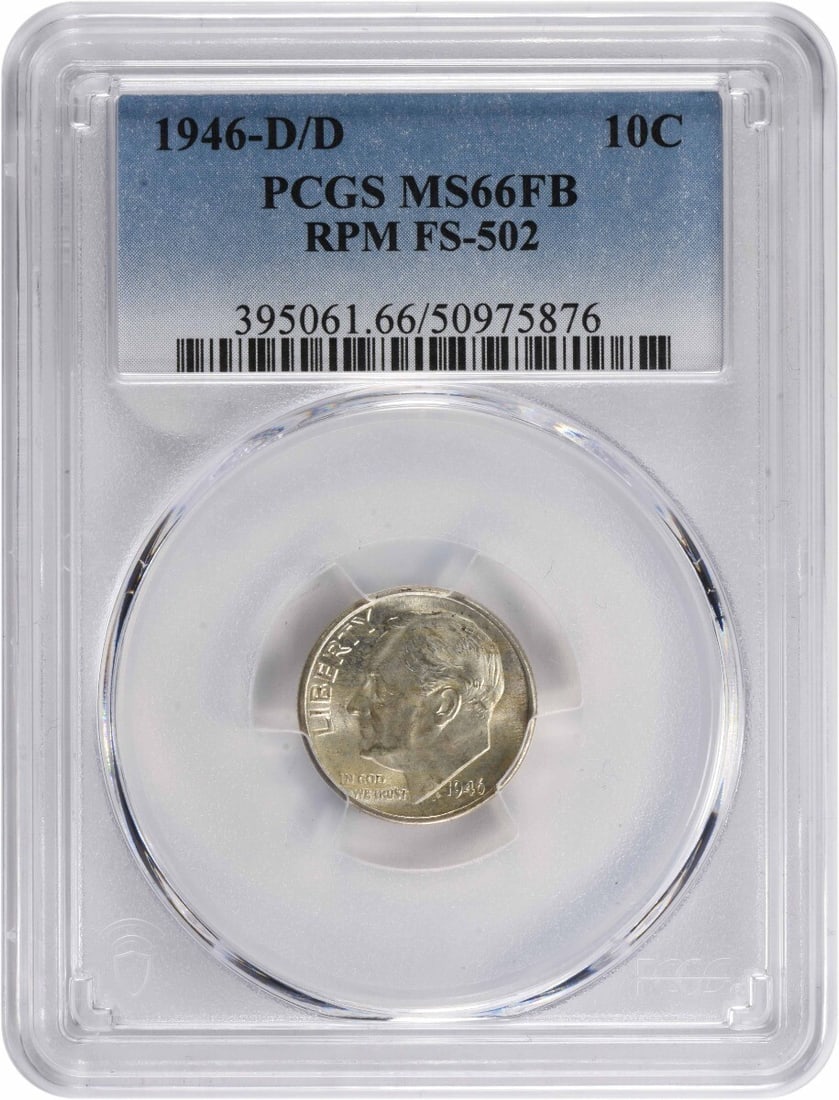 PCGS MS66FB FS-502 1946 Denver Roosevelt 10C Silver Dime: PCGS MS66FB FS-502 1946 Denver Roosevelt 10C Silver Dime This is a 1946-D/D Roosevelt Silver Dime, certified by PCGS as FS-502, graded MS66FB. Struck at the Denver Mint, this uncirculated dime feature