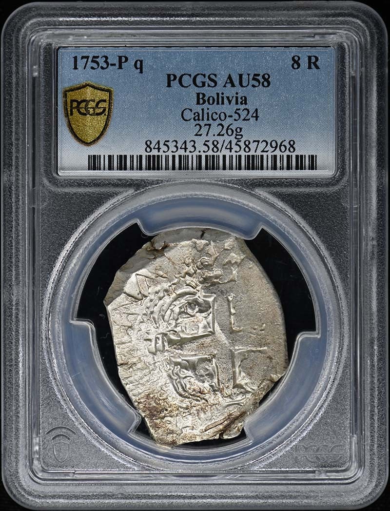 1753-P Bolivia Silver 8 Reales PCGS AU58 Calico-524 27.26g: 1753-P Bolivia Silver 8 Reales PCGS AU58 Calico-524 27.26g This 1753-P Q Bolivia Silver 8 Reales coin is certified by PCGS with an AU58 grade, indicating its excellent condition with minimal wear. It