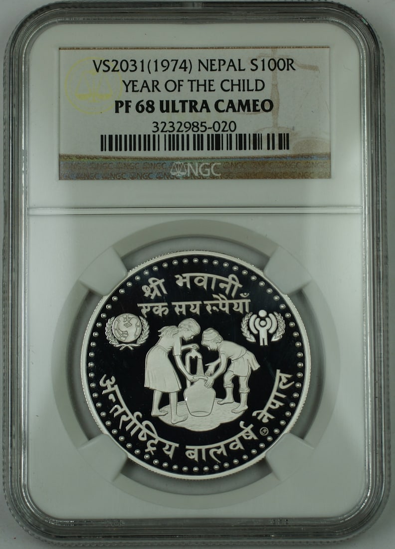 NGC PF-68 1974 Nepal 100 Rupee Silver Proof Coin Year of the Child: NGC PF-68 1974 Nepal 100 Rupee Silver Proof Coin Year of the Child This 1974 Nepal 100 Rupee proof coin commemorates UNICEF's International Year of the Child. Struck in silver, the coin is certified b