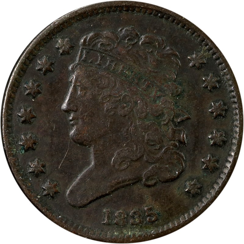 1835 Half Cent Copper Coin Circulated Choice: 1835 Half Cent Copper Coin Circulated Choice This 1835 Half Cent is a remarkable piece of history, showcasing the intricate design typical of early American coinage. Made of copper, this half cent has