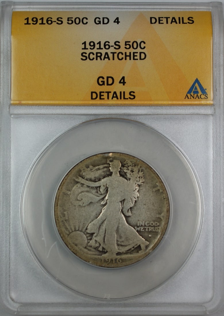 ANACS G-4 1916-S Liberty Walking Silver Half Dollar San Francisco Mint: ANACS G-4 1916-S Liberty Walking Silver Half Dollar San Francisco Mint This is a 1916-S Walking Liberty Silver Half Dollar certified by ANACS with a G-4 Details grade. The coin was minted in San Franc