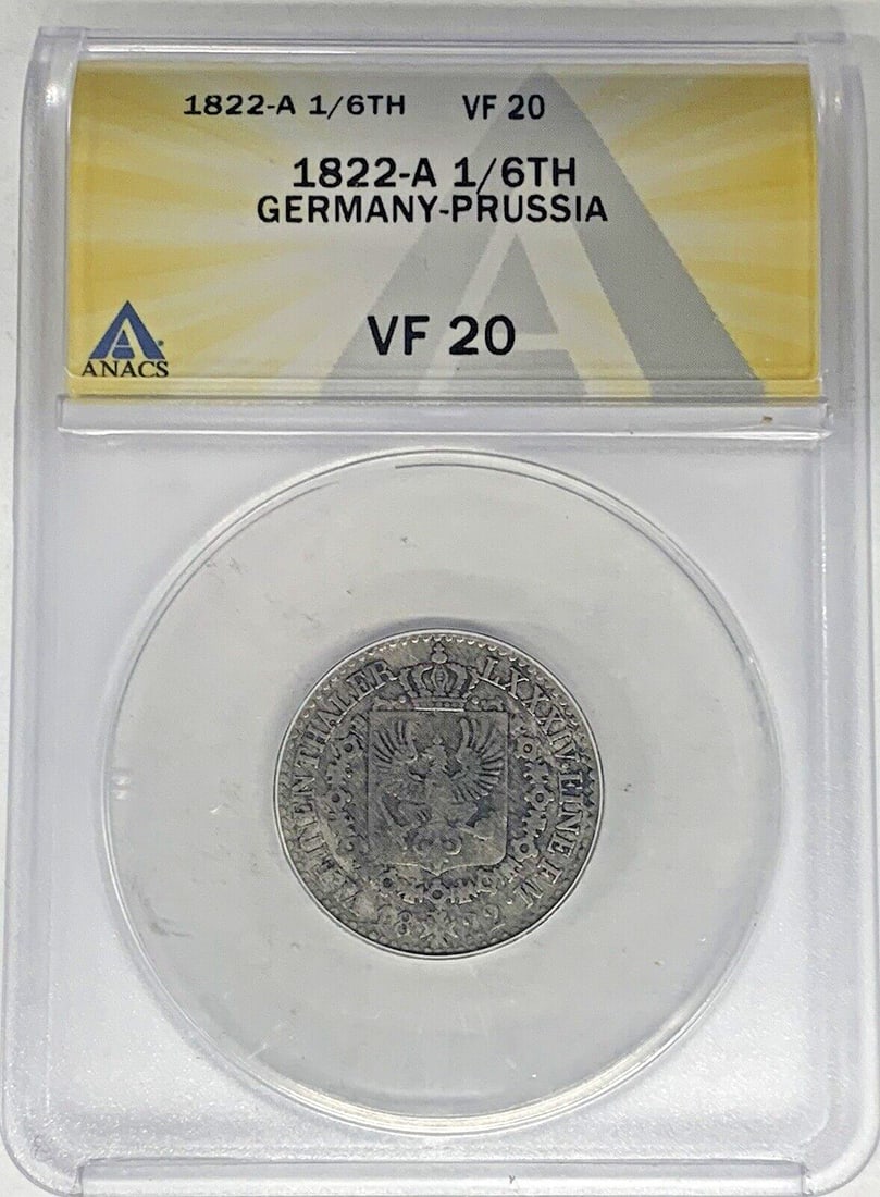 ANACS Certified VF 20 1822-A German States 1/6 Thaler Coin: ANACS Certified VF 20 1822-A German States 1/6 Thaler Coin This 1822-A Germany 1/6 Thaler is a historical coin from the German States era, graded VF 20 by ANACS. It represents a significant collectibl