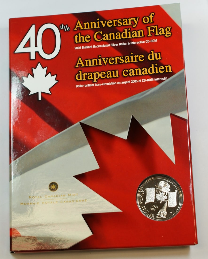 2005 Canada Silver Dollar 40th Flag Anniversary Coin with CD-ROM: 2005 Canada Silver Dollar 40th Flag Anniversary Coin with CD-ROM This 2005 Canada $1 silver dollar commemorates the 40th anniversary of the adoption of the Canadian Flag. Struck in .9999 fine silver,