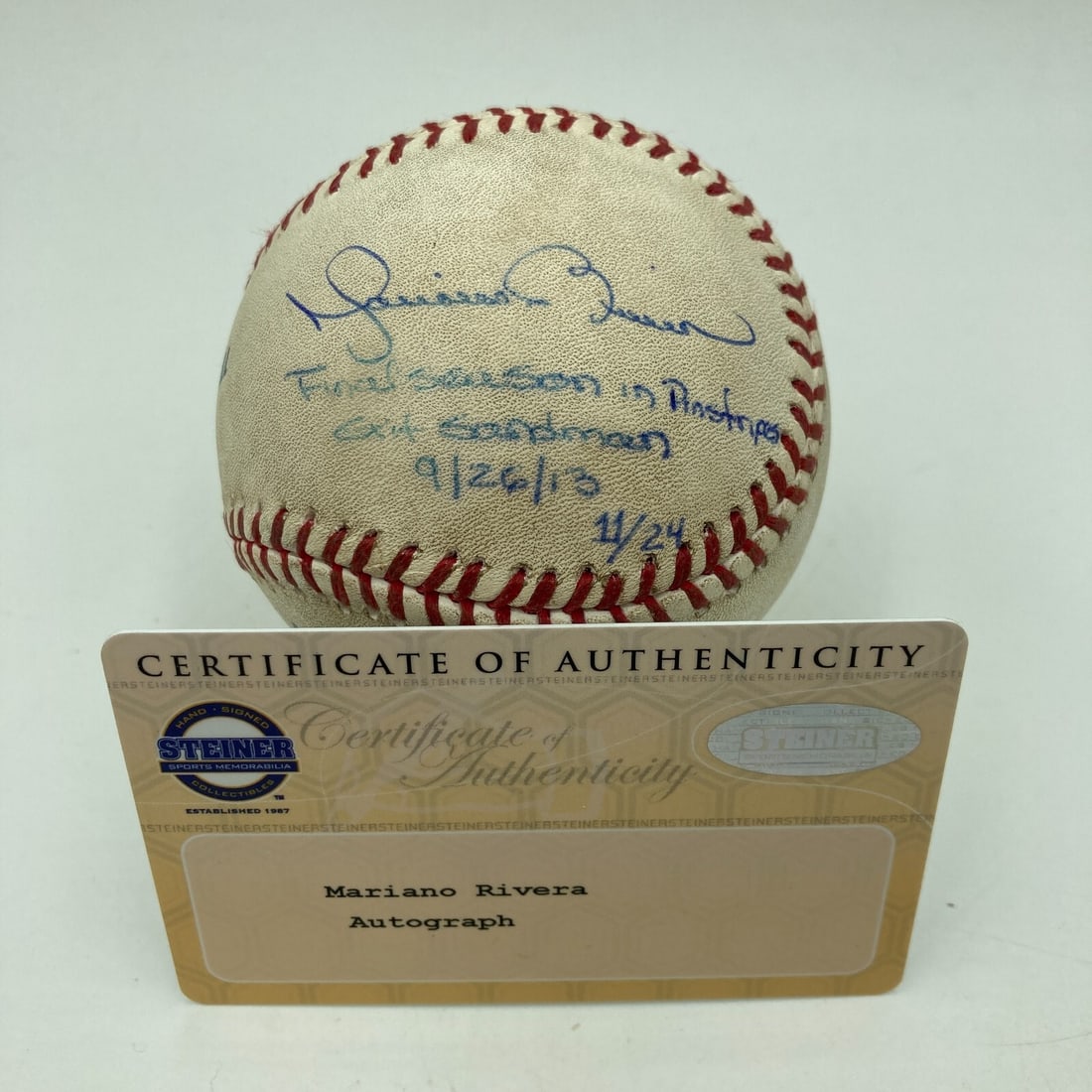 Mariano Rivera Signed Game Used Baseball Final Game 11/24 Steiner: Mariano Rivera Signed Game Used Baseball Final Game 11/24 Steiner Celebrate the legendary career of Mariano Rivera with this game-used baseball from his final appearance on September 26, 2013, against