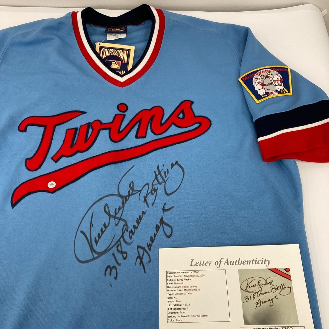 Kirby Puckett .318 Signed Minnesota Twins Jersey with JSA COA: Kirby Puckett .318 Signed Minnesota Twins Jersey with JSA COA Presenting a magnificent signed jersey from legendary baseball player Kirby Puckett, featuring his impressive career batting average of .3