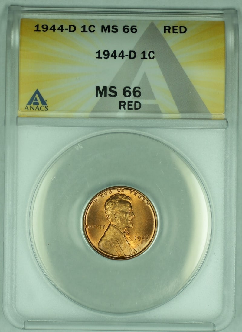 ANACS MS 66 RD 1944-D Lincoln Wheat Cent Small Cent Coin: ANACS MS 66 RD 1944-D Lincoln Wheat Cent Small Cent Coin This 1944-D Lincoln Wheat Cent is an uncirculated small cent coin from the United States, graded MS 66 Red by ANACS. It features the classic wh
