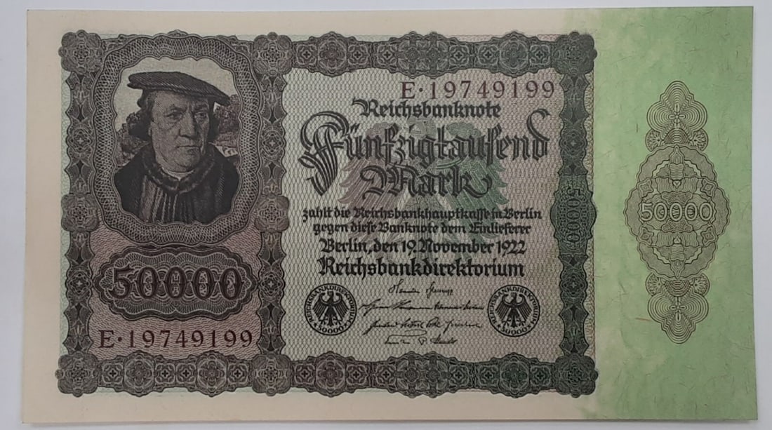 Uncirculated 1922 Germany 50000 Mark Banknote Pick 80 Weimar Republic: Uncirculated 1922 Germany 50000 Mark Banknote Pick 80 Weimar Republic This is a 1922 50,000 Mark Reichsbanknote from the Weimar Republic of Germany, identified as Pick#80. The note is uncirculated and