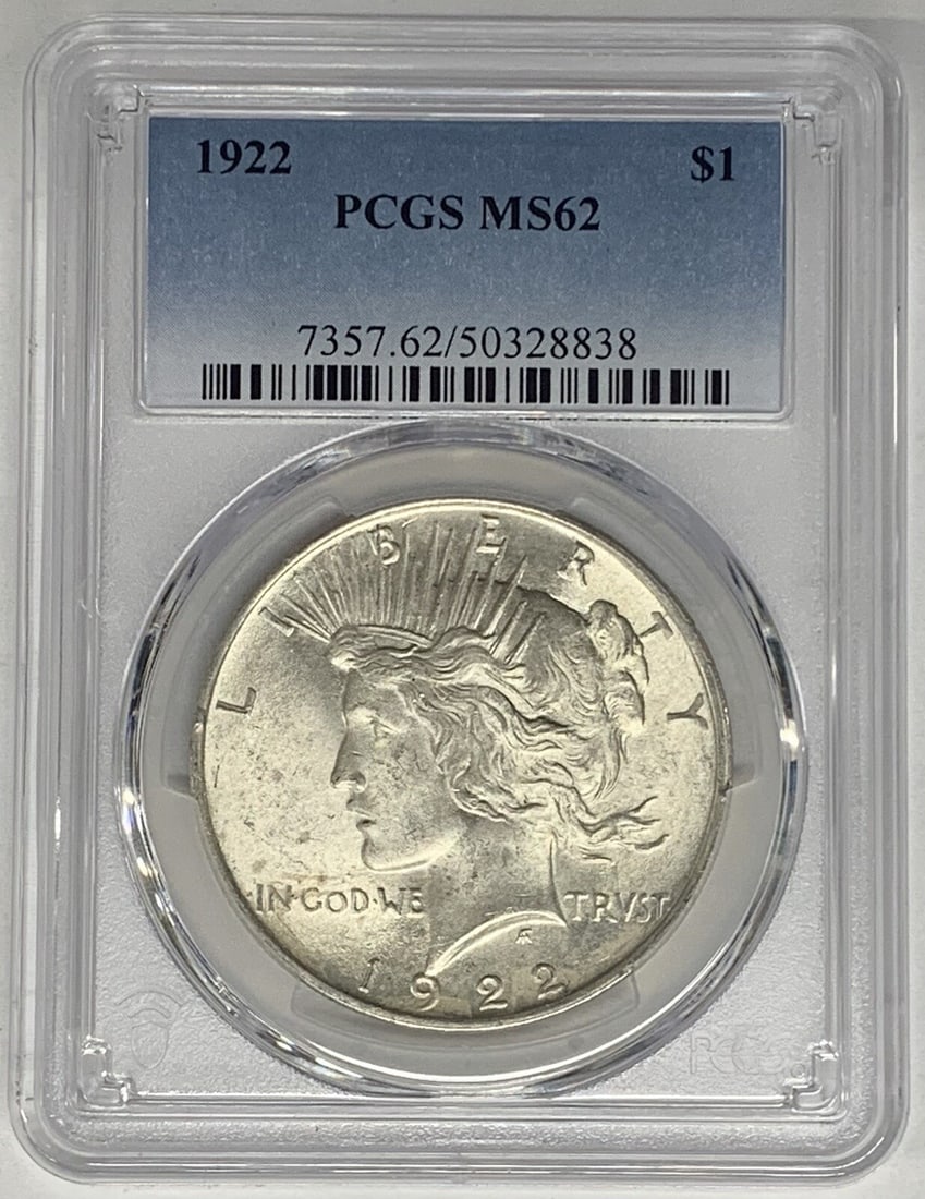 PCGS MS62 1922 Peace Dollar Silver Coin United States Certified: PCGS MS62 1922 Peace Dollar Silver Coin United States Certified This 1922 Peace Silver Dollar is graded MS 62 by PCGS, indicating it is an uncirculated coin. It features the classic Peace Dollar desig
