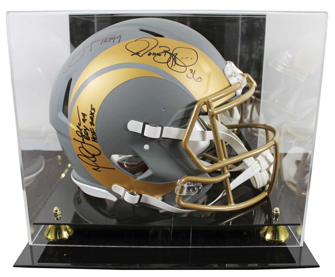 Bettis Dickerson Faulk Signed Rams Helmet with Display Case Beckett: Bettis Dickerson Faulk Signed Rams Helmet with Display Case Beckett This remarkable autographed full-size Speed Proline helmet features the signatures of three NFL legends: Jerome Bettis, Eric Dickers