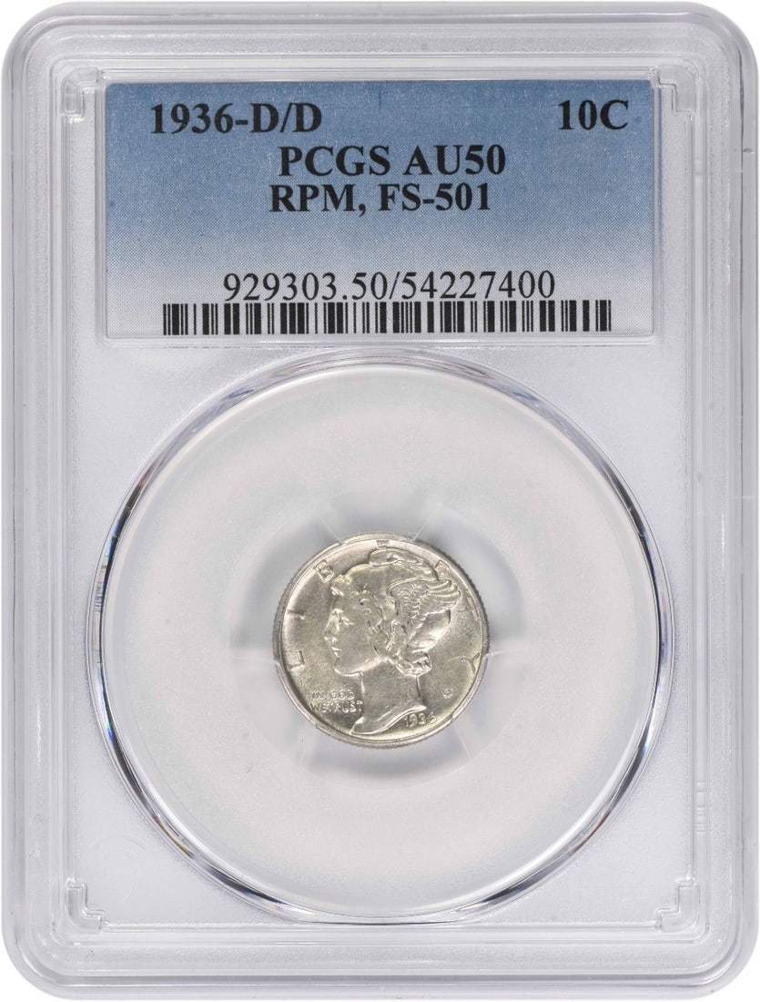 PCGS AU50 1936 Denver RPM FS-501 Mercury Dime 90 Percent Silver: PCGS AU50 1936 Denver RPM FS-501 Mercury Dime 90 Percent Silver This 1936-D/D Mercury Silver Dime is a repunched mintmark variety (RPM FS-501) graded AU50 by PCGS. Composed of 90% silver and 10% coppe