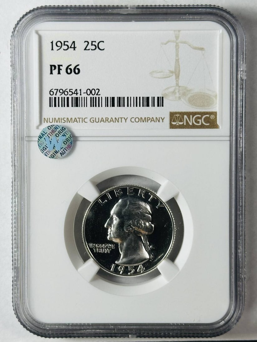 1954 P Washington Quarter NGC PF 66 Proof Silver Coin: 1954 P Washington Quarter NGC PF 66 Proof Silver Coin This 1954 P Washington Quarter is a stunning example of numismatic craftsmanship, certified by NGC with a grade of PF 66. This uncirculated piece,
