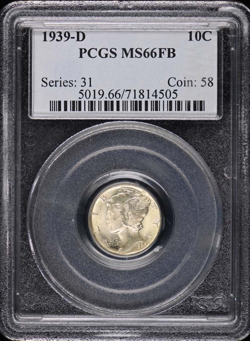 1939-D Mercury Dime PCGS MS66FB Uncirculated Denver Mint Coin: 1939-D Mercury Dime PCGS MS66FB Uncirculated Denver Mint Coin This 1939-D Mercury Dime is certified by PCGS with a grade of MS66FB, indicating its excellent condition and full bands on the reverse. Mi