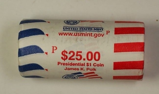 Roll of 25 Uncirculated 2009-P James K Polk $1 Coins Bank Original Wrap: Roll of 25 Uncirculated 2009-P James K Polk $1 Coins Bank Original Wrap This is a bank-wrapped original roll containing 25 uncirculated 2009-P James K. Polk Presidential $1 coins. Each coin was minted