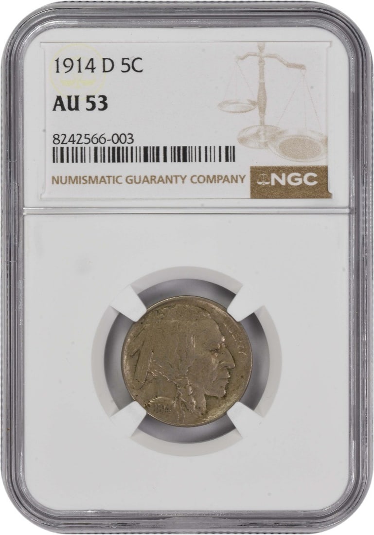 1914-D Buffalo Nickel AU53 NGC Certified Coin: 1914-D Buffalo Nickel AU53 NGC Certified Coin This 1914-D Buffalo Nickel, graded AU53 by NGC, showcases the exquisite craftsmanship of designer James Earle Fraser. Struck in Denver, this notable coin