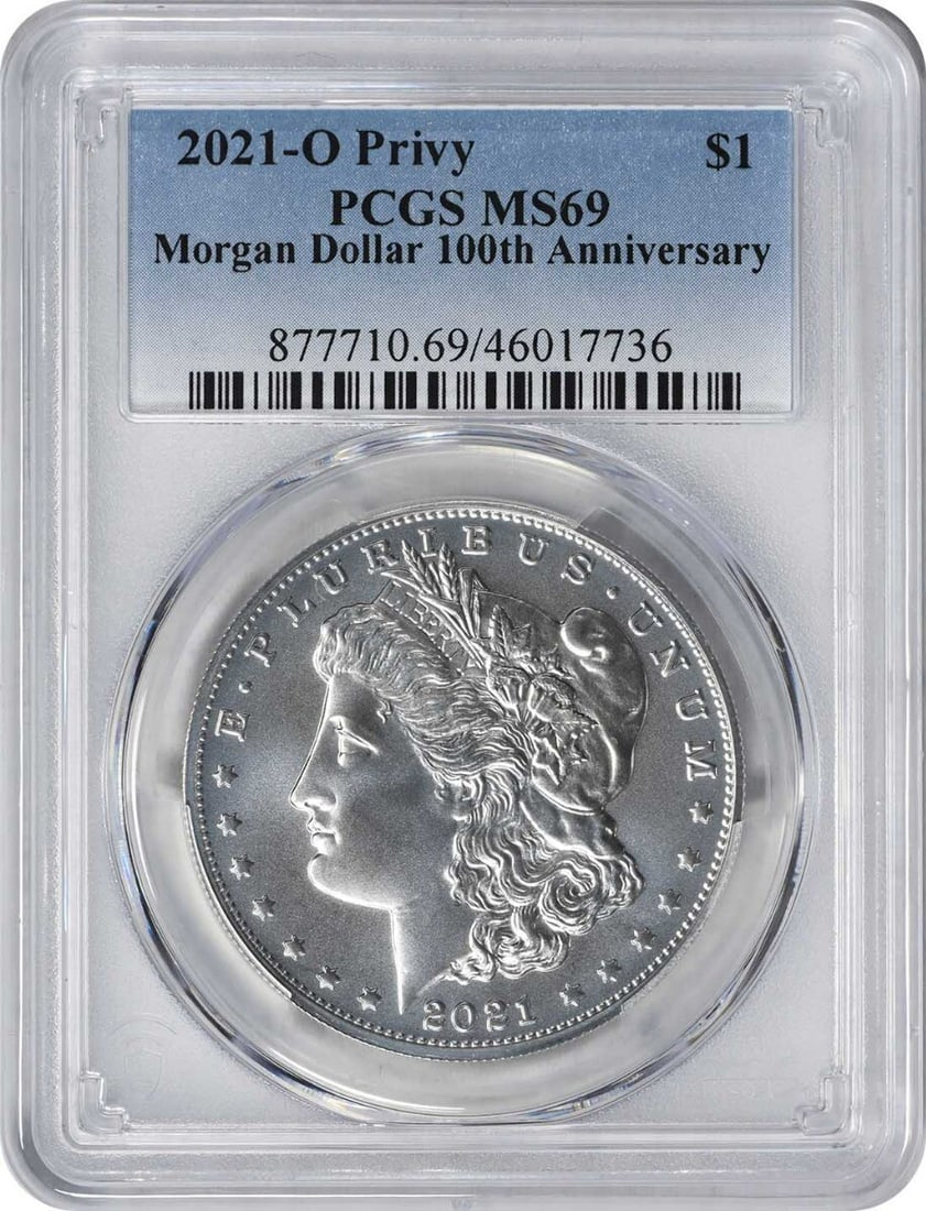 2021-O Morgan Silver Dollar MS69 PCGS Uncirculated 99.9% Silver: 2021-O Morgan Silver Dollar MS69 PCGS Uncirculated 99.9% Silver This stunning 2021-O Privy Morgan Silver Dollar, graded MS69 by PCGS, features exceptional detail and shine, making it a remarkable addi