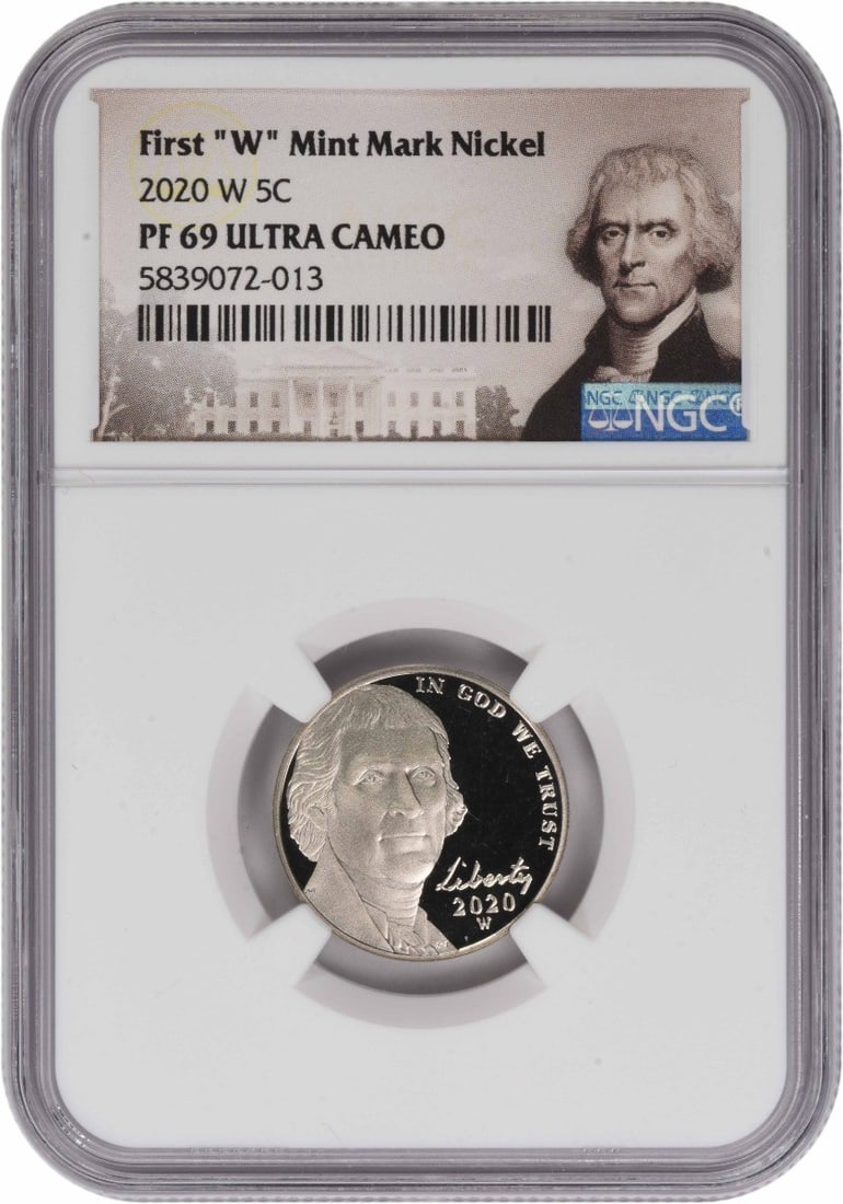 NGC PR69 Proof 2020-W Jefferson Nickel Five Cent Coin: NGC PR69 Proof 2020-W Jefferson Nickel Five Cent Coin This is a 2020-W Jefferson Nickel graded PR69 Ultra Cameo by NGC. The coin features a proof strike, is uncirculated, and was minted in San Francis