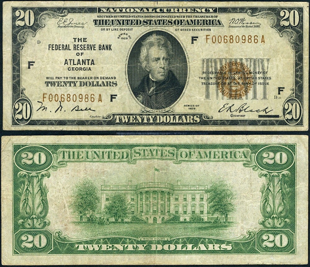 1929 $20 Federal Reserve Bank Note Atlanta F-A Block Circulated: 1929 $20 Federal Reserve Bank Note Atlanta F-A Block Circulated This 1929 Federal Reserve Bank Note from Atlanta (FR. 1870 F) features a denomination of $20 and is graded as Very Fine (VF). The note e