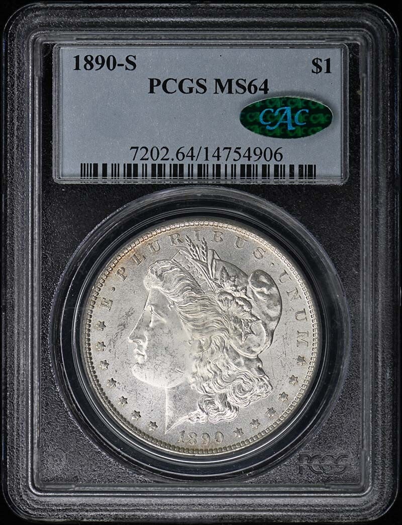 1890-S Morgan Dollar PCGS MS64 with CAC Certification: 1890-S Morgan Dollar PCGS MS64 with CAC Certification This stunning 1890-S Morgan Dollar is a remarkable piece of numismatic history, graded MS64 by PCGS and featuring the prestigious CAC designation.