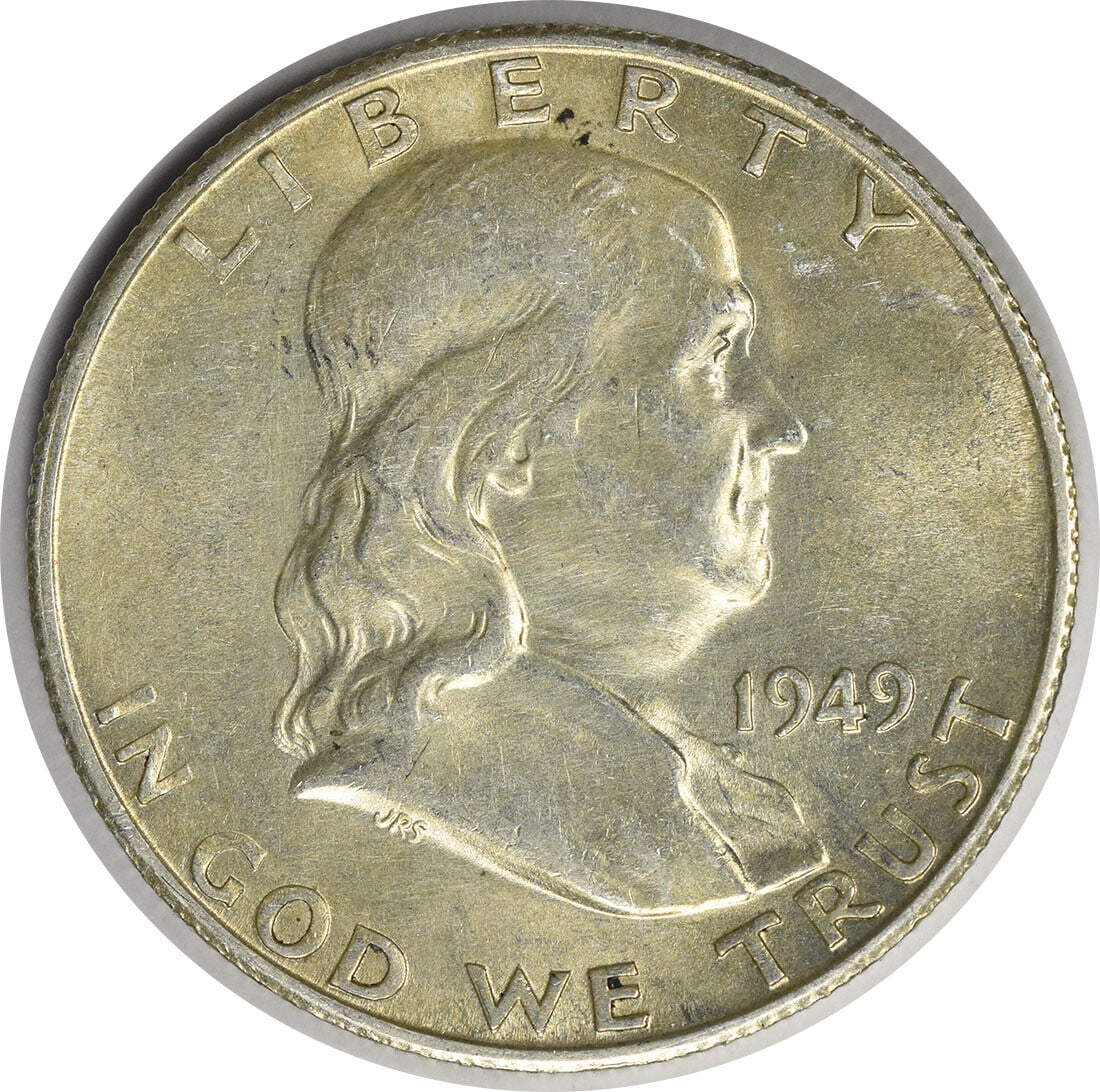 1949 San Francisco AU Franklin 90 Percent Silver Half Dollar Uncertified: 1949 San Francisco AU Franklin 90 Percent Silver Half Dollar Uncertified This 1949-S Franklin Half Dollar features a composition of 90% silver and 10% copper. Minted in San Francisco, this circulated