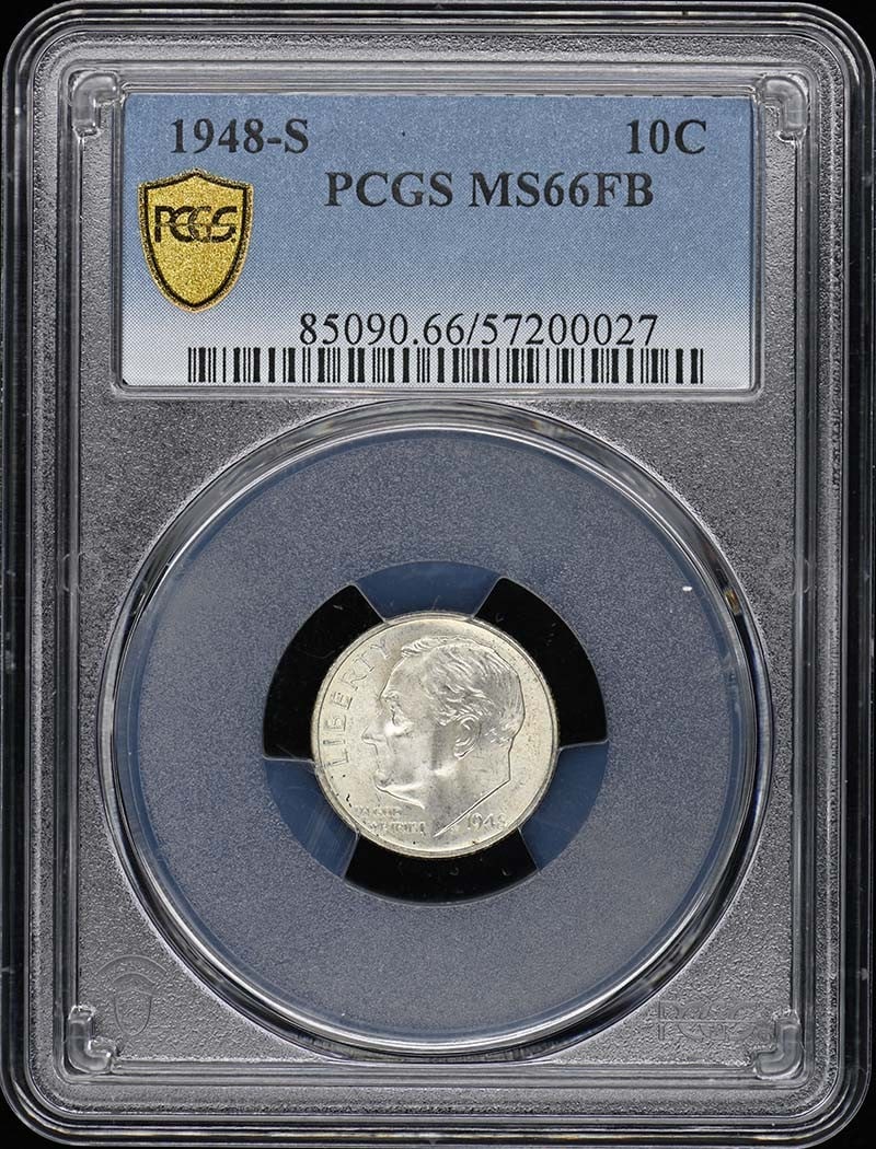 1948-S Roosevelt Dime PCGS MS66FB Uncirculated San Francisco: 1948-S Roosevelt Dime PCGS MS66FB Uncirculated San Francisco This 1948-S Roosevelt Dime is graded MS66FB by PCGS, indicating it is in uncirculated condition with full bands on the reverse. Minted in S