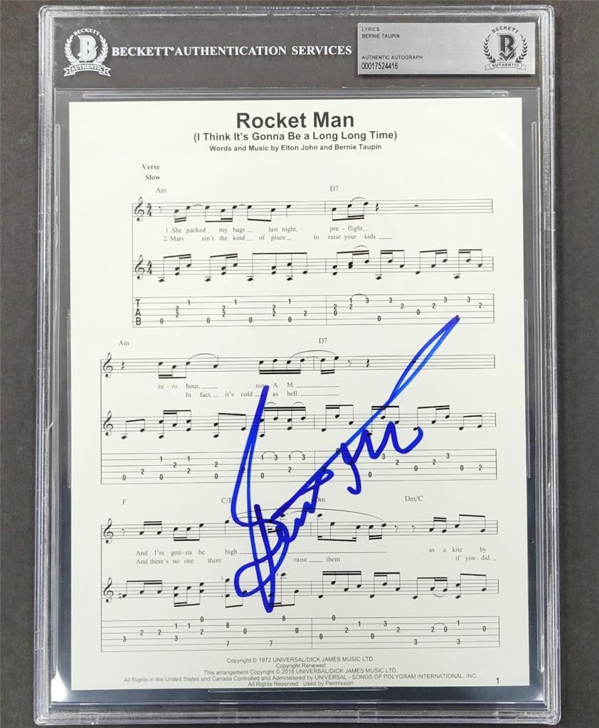 Rocket Man 8x10 lyrics sheet signed by Bernie Taupin with Beckett authentication: Rocket Man 8x10 lyrics sheet signed by Bernie Taupin with Beckett authentication This is an original 8x10 lyrics sheet for "Rocket Man" signed by Bernie Taupin. The autograph has been authenticated by