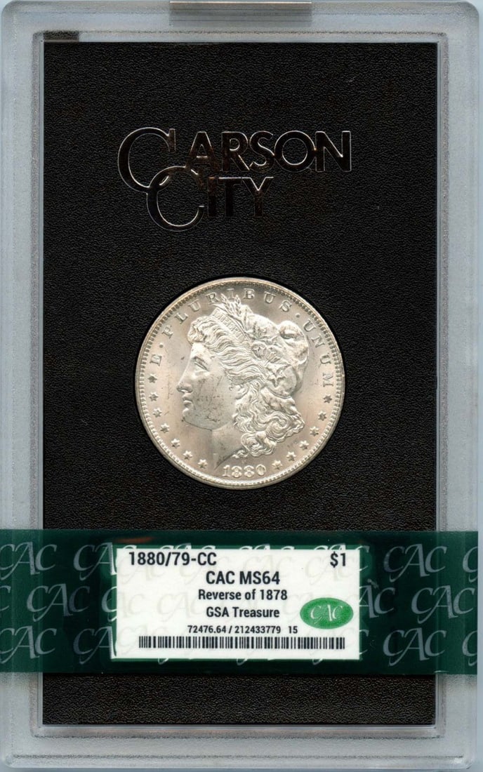 GSA Hoard 1880 over 79 Carson City Morgan Silver Dollar MS64 CACG CAC: GSA Hoard 1880 over 79 Carson City Morgan Silver Dollar MS64 CACG CAC This 1880/79-CC Morgan Dollar features the Reverse of 1878 and is part of the GSA Hoard. Certified by CACG with a grade of MS64 an