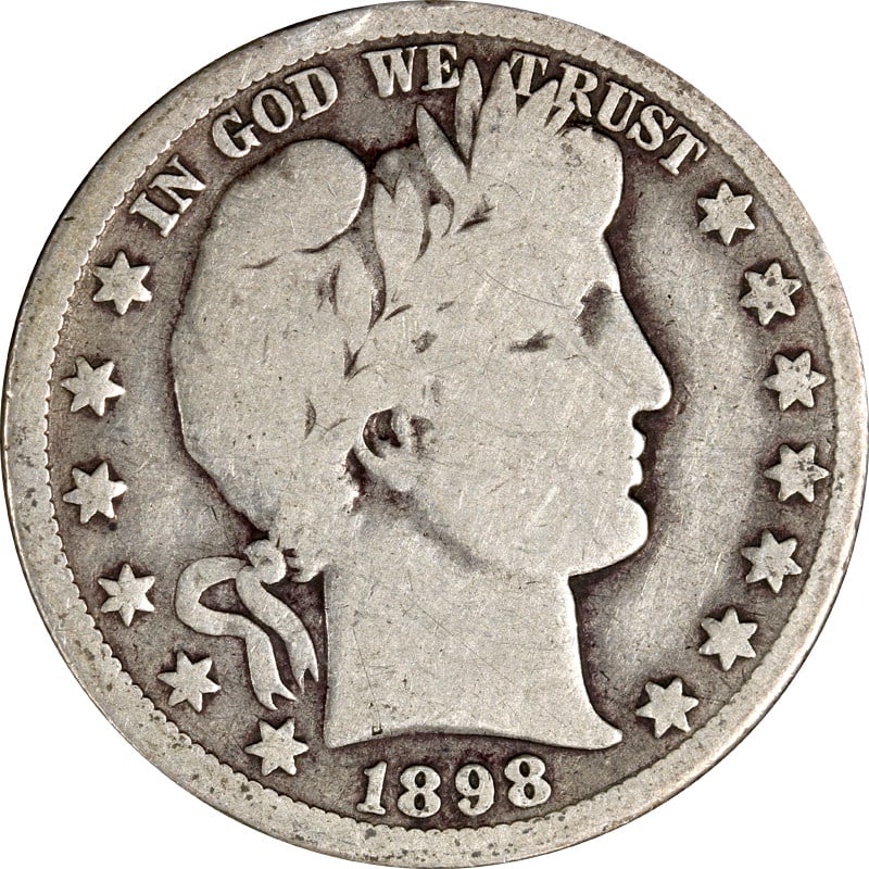 1898 O Silver Half Dollar United States Barber Series Coin: 1898 O Silver Half Dollar United States Barber Series Coin This 1898-O Barber Half Dollar is a circulated coin composed of 90% silver. Minted in New Orleans in 1898, it is an original piece from the U
