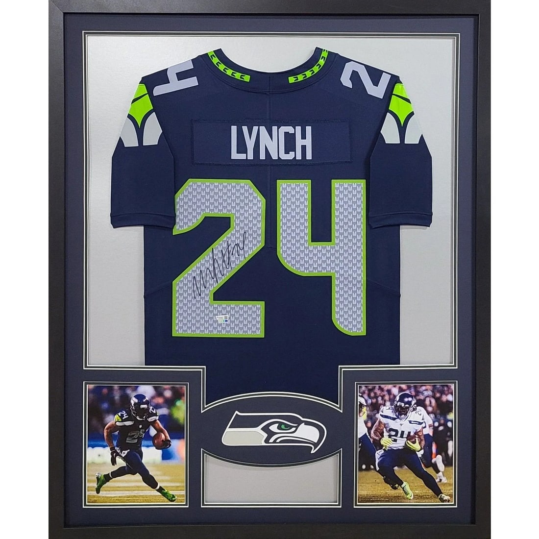 Framed Seahawks Jersey Signed by Marshawn Lynch Fanatics Authenticated: Framed Seahawks Jersey Signed by Marshawn Lynch Fanatics Authenticated This framed navy jersey features an authentic Marshawn Lynch autograph and is officially authenticated by Fanatics. The jersey is