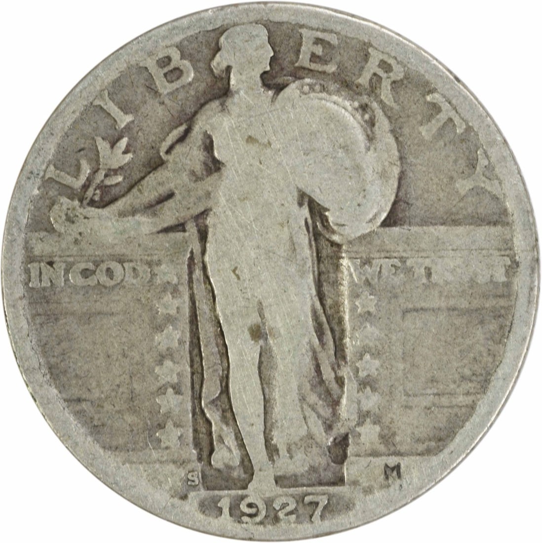 1927-S Standing Liberty Quarter 25C G Uncertified Silver Coin: 1927-S Standing Liberty Quarter 25C G Uncertified Silver Coin This 1927-S Standing Liberty Silver Quarter features the iconic design by Hermon A. Mac Neil, showcasing the figure of Liberty. This coin