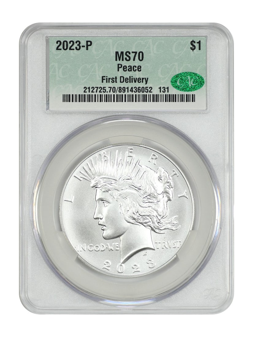 Peace Dollar 2023 Philadelphia $1 CACG MS70 First Delivery: Peace Dollar 2023 Philadelphia $1 CACG MS70 First Delivery This 2023-P Peace Dollar is a modern commemorative coin graded MS70 by CACG, indicating a perfect uncirculated condition. It was struck at th