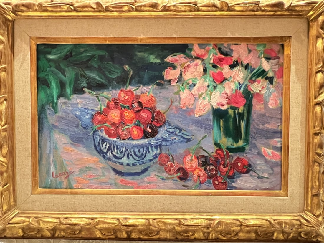 Original Lacaze Germaine French Still Life Oil Painting with Gold Leaf Frame: Original Lacaze Germaine French Still Life Oil Painting with Gold Leaf Frame Experience the beauty of this stunning original oil on canvas painting featuring a French still life of fruits and flowers,