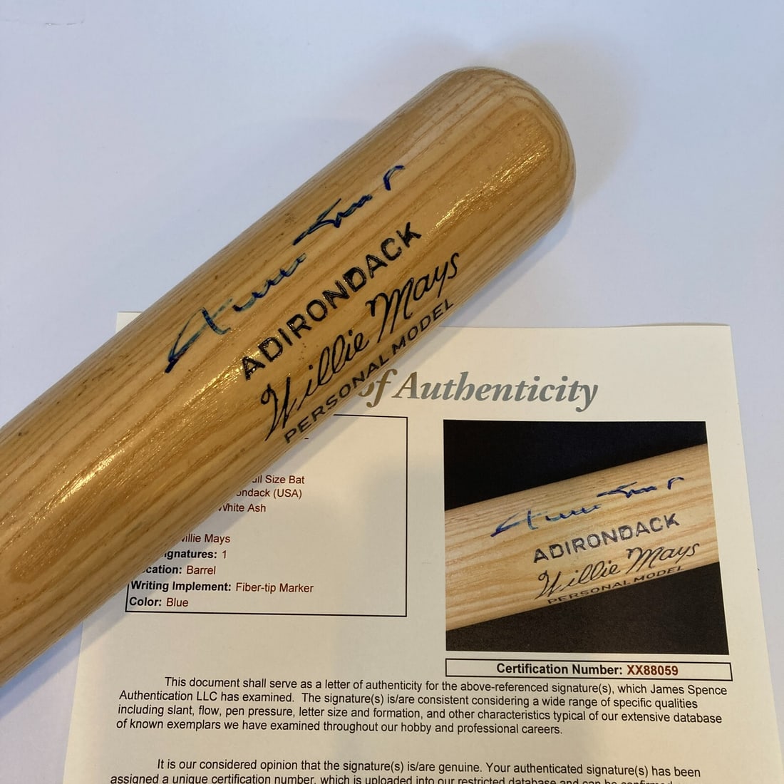 Willie Mays Signed Adirondack Bat with JSA Certification: Willie Mays Signed Adirondack Bat with JSA Certification This is an original Adirondack Game Model baseball bat signed by the legendary Willie Mays. The bat comes with a James Spence Authentication (J