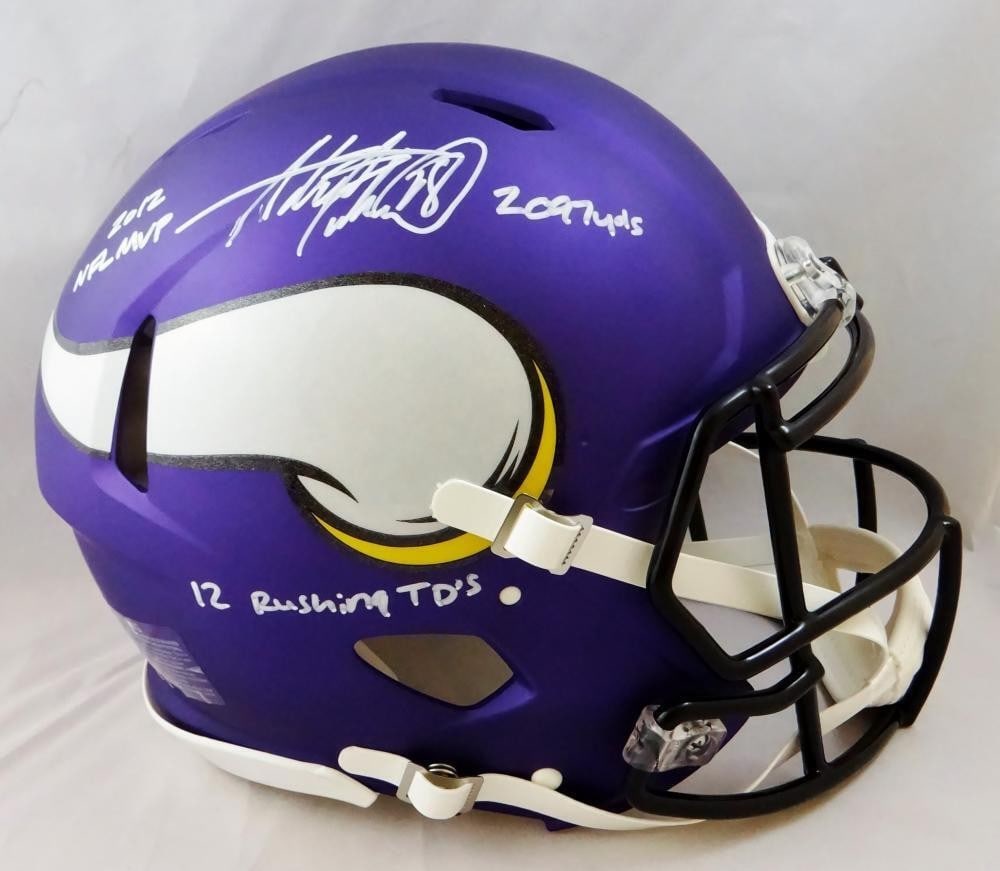 Adrian Peterson Minnesota Vikings Signed Authentic Helmet Beckett: Adrian Peterson Minnesota Vikings Signed Authentic Helmet Beckett This is an authentic full-size speed football helmet signed by Adrian Peterson, showcasing his affiliation with the Minnesota Vikings.