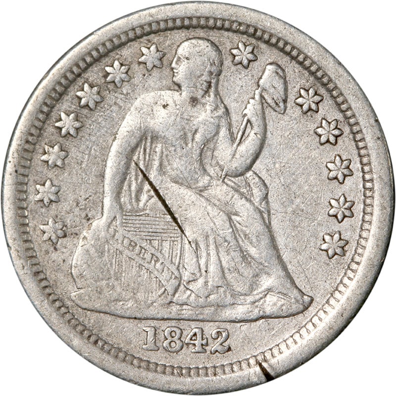 1842-O Seated Liberty Dime Silver Circulated Coin: 1842-O Seated Liberty Dime Silver Circulated Coin This 1842-O Seated Liberty Dime showcases a remarkable piece of American numismatic history. Crafted from silver with a fineness of 0.9, this coin has