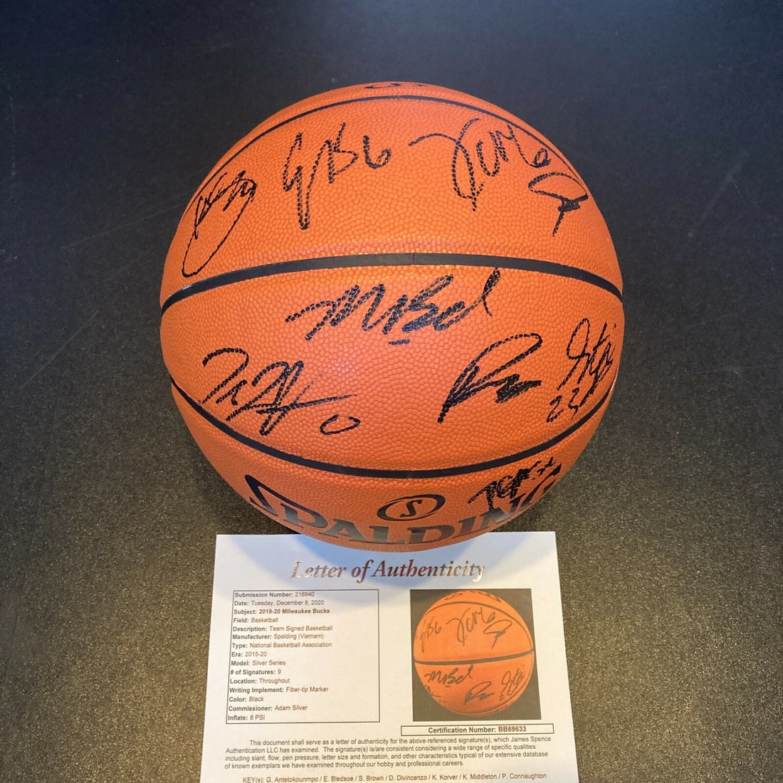 2019-20 Milwaukee Bucks Team Signed Basketball with Giannis JSA COA: 2019-20 Milwaukee Bucks Team Signed Basketball with Giannis JSA COA This is a 2019-20 Milwaukee Bucks Team Signed Spalding NBA Game Basketball featuring the autographs of Giannis Antetokounmpo, Eric B