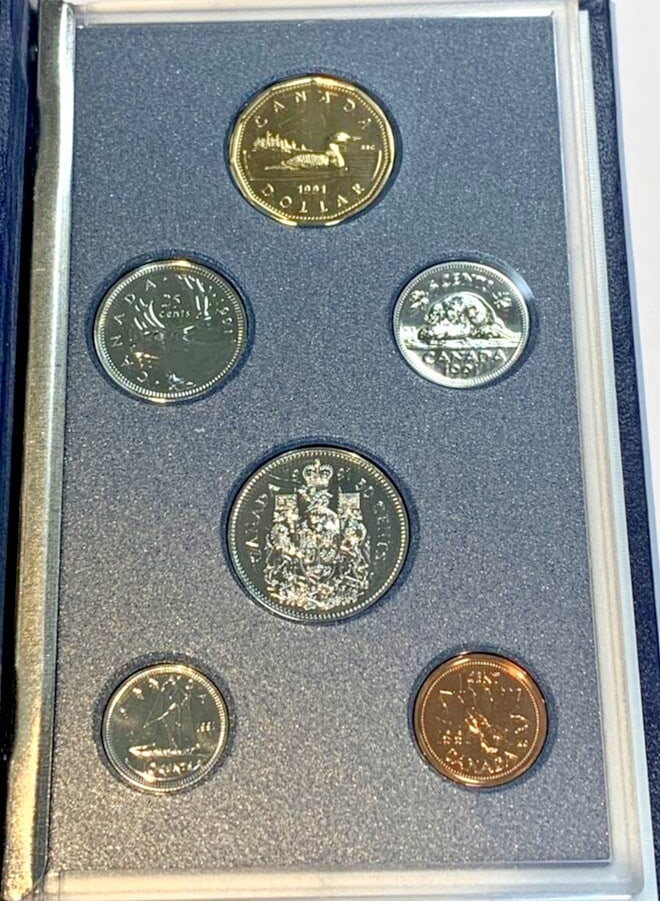 1991 Canada Prooflike Six Coin Set With Original Mint Packaging: 1991 Canada Prooflike Six Coin Set With Original Mint Packaging This 1991 Royal Canadian Mint 6 Coin Set features proof-like coins in their original packaging. The set is uncirculated and uncertified,