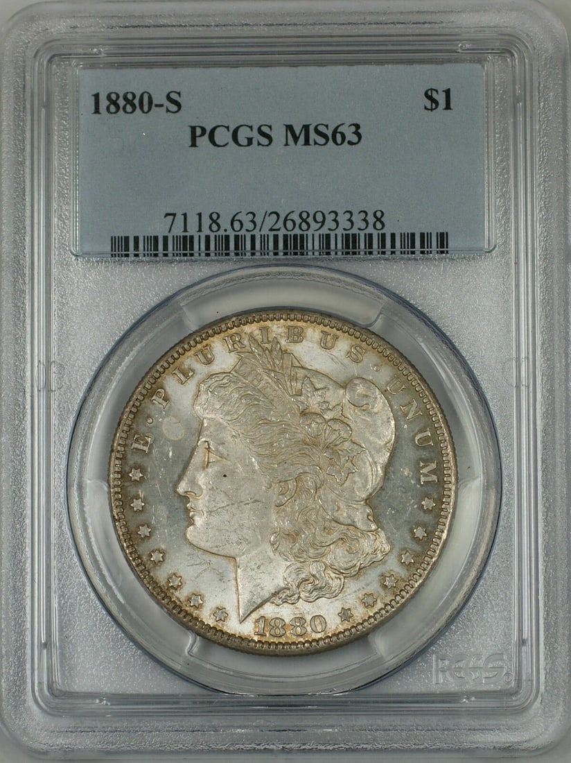 PCGS MS63 1880-S Morgan Dollar Toned Silver $1 San Francisco Mint: PCGS MS63 1880-S Morgan Dollar Toned Silver $1 San Francisco Mint This 1880-S Morgan Silver Dollar is a $1 coin from the United States, minted in San Francisco. It is composed of silver and has been c