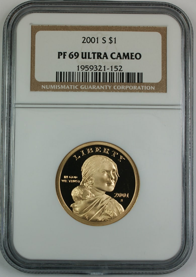 NGC PF-69 Ultra Cameo 2001-S Proof Sacagawea Dollar Coin: NGC PF-69 Ultra Cameo 2001-S Proof Sacagawea Dollar Coin This is a 2001-S Proof Sacagawea Dollar $1 coin, certified by NGC with a PF-69 Ultra Cameo grade. The coin originates from the United States an