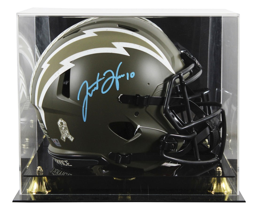 Justin Herbert Autographed Chargers STS Full Size Speed Helmet with Display Case: Justin Herbert Autographed Chargers STS Full Size Speed Helmet with Display Case This autographed alternate Salute to Service full-size Speed Proline helmet has been personally signed by Justin Herber