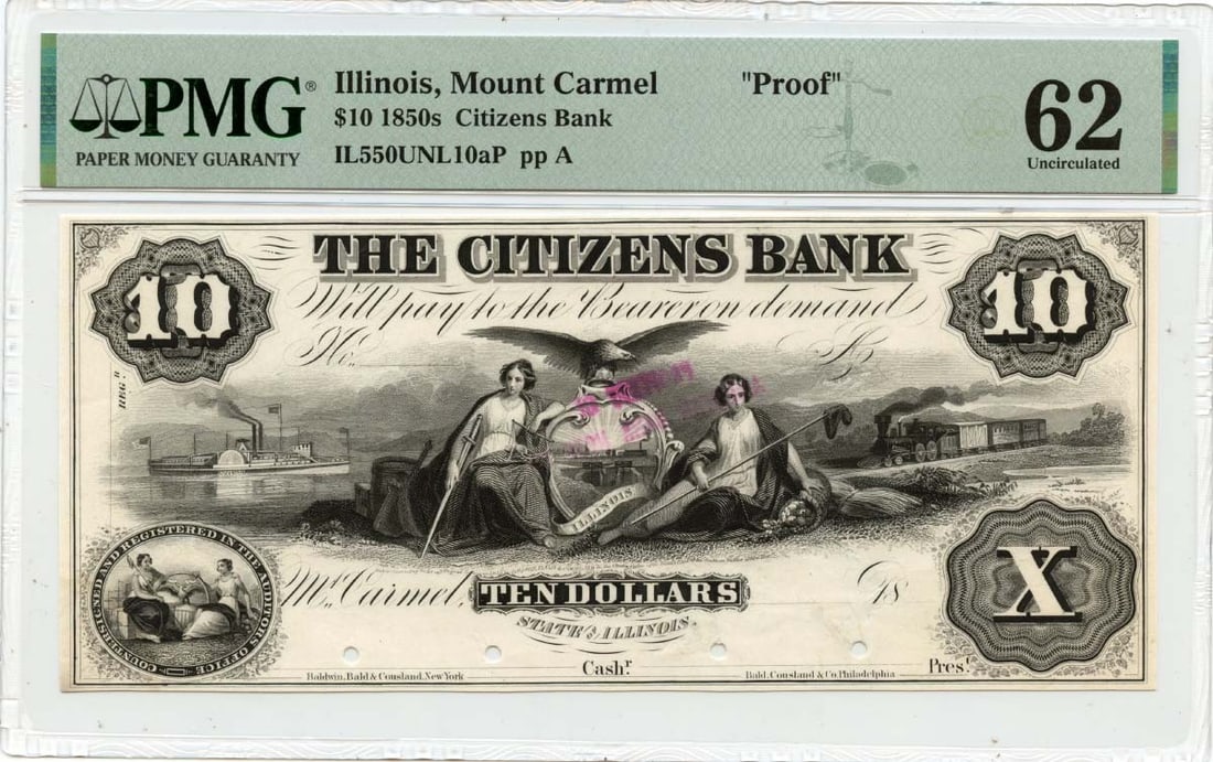 PMG Certified Mount Carmel Illinois $10 Citizens Bank Obsolete Proof Note: PMG Certified Mount Carmel Illinois $10 Citizens Bank Obsolete Proof Note This is an 1850s $10 obsolete note from Citizens Bank, Mount Carmel, Illinois. The note has been certified by PMG with a grade