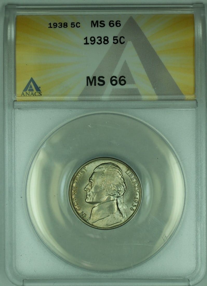1938 Jefferson Nickel 5C ANACS MS 66 Uncirculated Coin: 1938 Jefferson Nickel 5C ANACS MS 66 Uncirculated Coin This 1938 Jefferson Nickel is a remarkable collectible coin from the United States. Graded MS 66 by ANACS, it is classified as uncirculated, maki