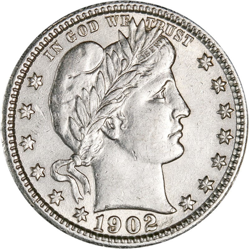1902-P Barber Quarter 90% Silver Circulated Coin: 1902-P Barber Quarter 90% Silver Circulated Coin This 1902-P Barber Quarter is a classic piece of American numismatics. Crafted from silver with a fineness of 0.9, this quarter showcases the intricate
