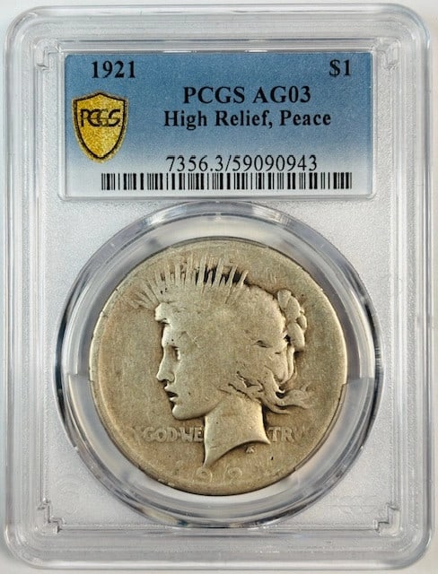 1921 Philadelphia Peace Silver Dollar PCGS AG 3 High Relief: 1921 Philadelphia Peace Silver Dollar PCGS AG 3 High Relief This 1921 Peace Dollar is graded AG 3 by PCGS and features a high relief design. Struck in silver at the Philadelphia Mint, this circulated