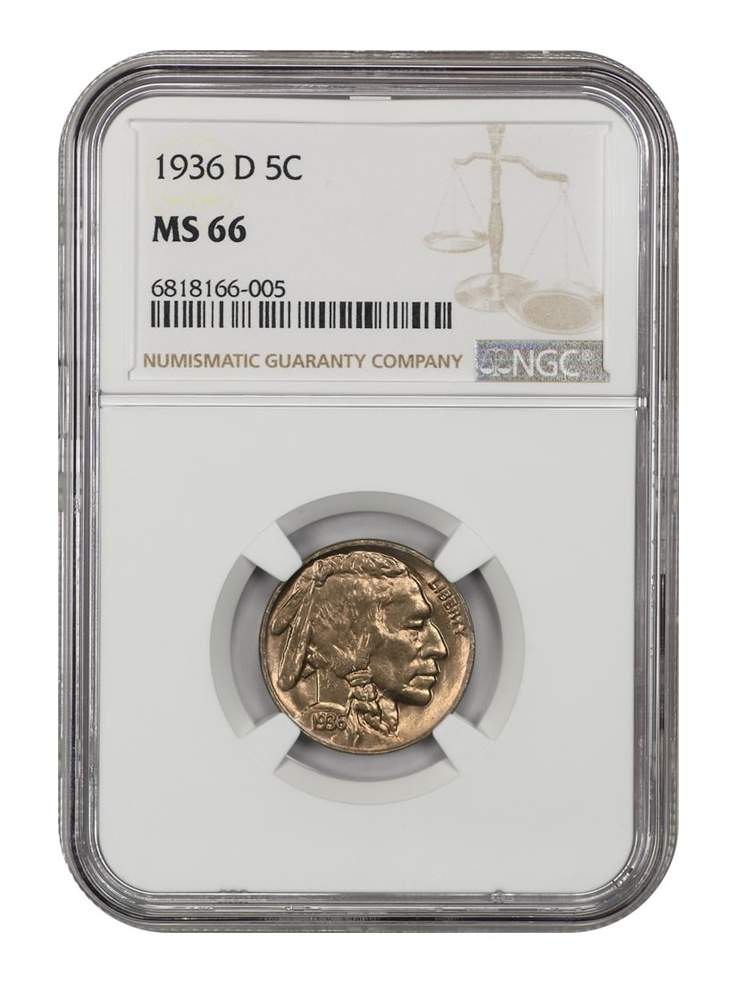 1936 Denver Buffalo Nickel NGC MS66 Five Cent Coin: 1936 Denver Buffalo Nickel NGC MS66 Five Cent Coin This is a 1936-D Buffalo Nickel graded MS66 by NGC. The coin is uncirculated and originates from the Denver Mint. It is part of the Buffalo Nickel se