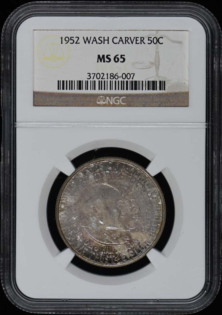 1952 Silver 50 Cent Washington-Carver Commemorative NGC MS65 Uncirculated: 1952 Silver 50 Cent Washington-Carver Commemorative NGC MS65 Uncirculated This is a 1952 Washington-Carver Silver Commemorative 50-cent coin, graded MS65 by NGC. The coin was minted in Philadelphia an